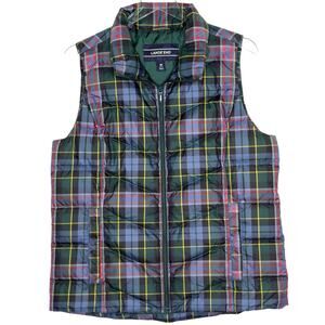 Lands End M Puffer Down Plaid Vest Tartan Navy Green Outdoor Preppy